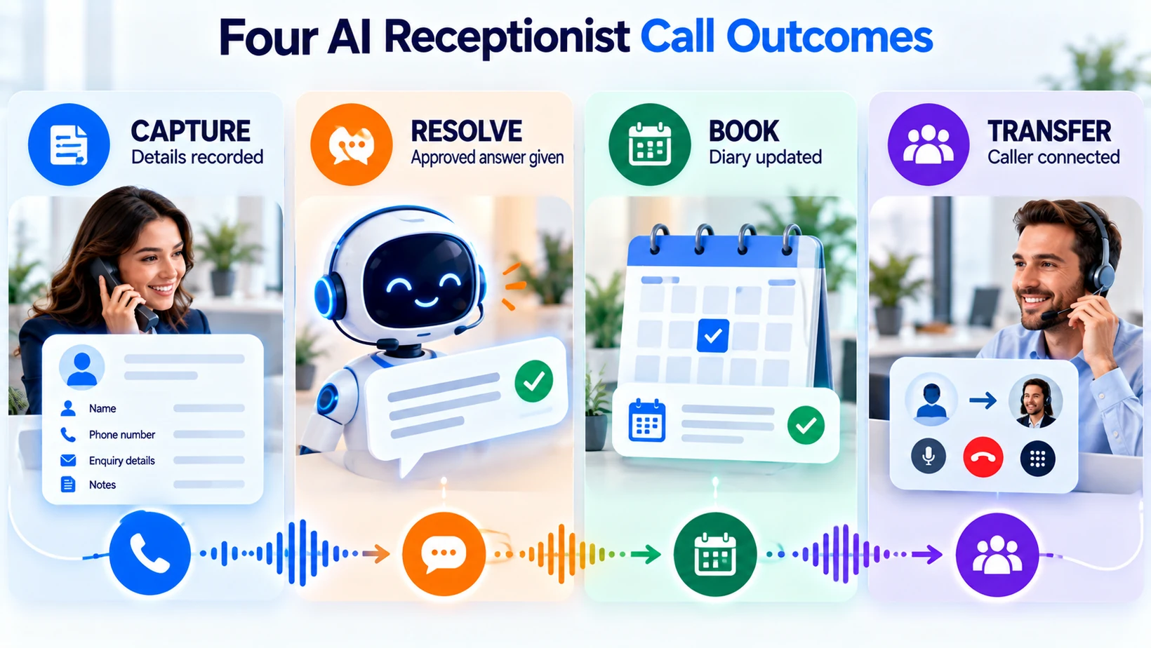 Four AI receptionist call outcomes: message capture, answering enquiries, confirmed booking and human transfer