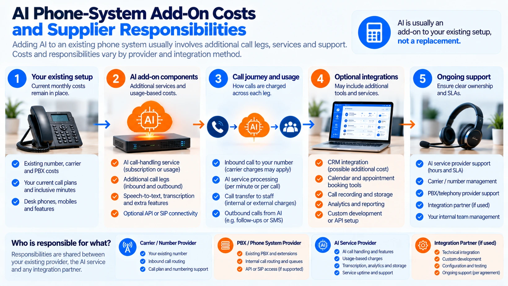 Additional AI VoIP costs, call legs and support ownership when adding AI to an existing business phone system.