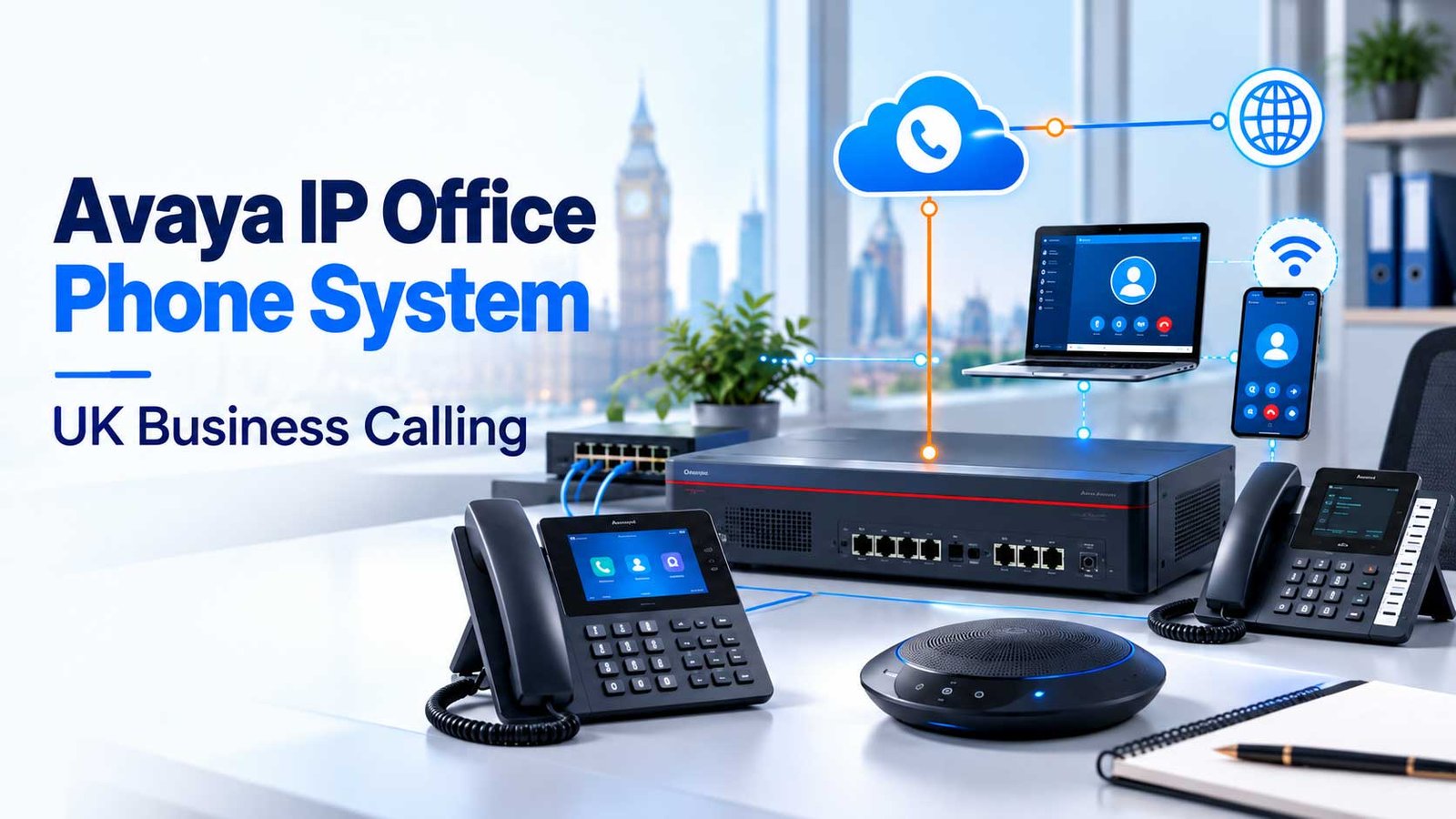 Conceptual Avaya IP Office business phone system with a PBX and connected office telephony equipment