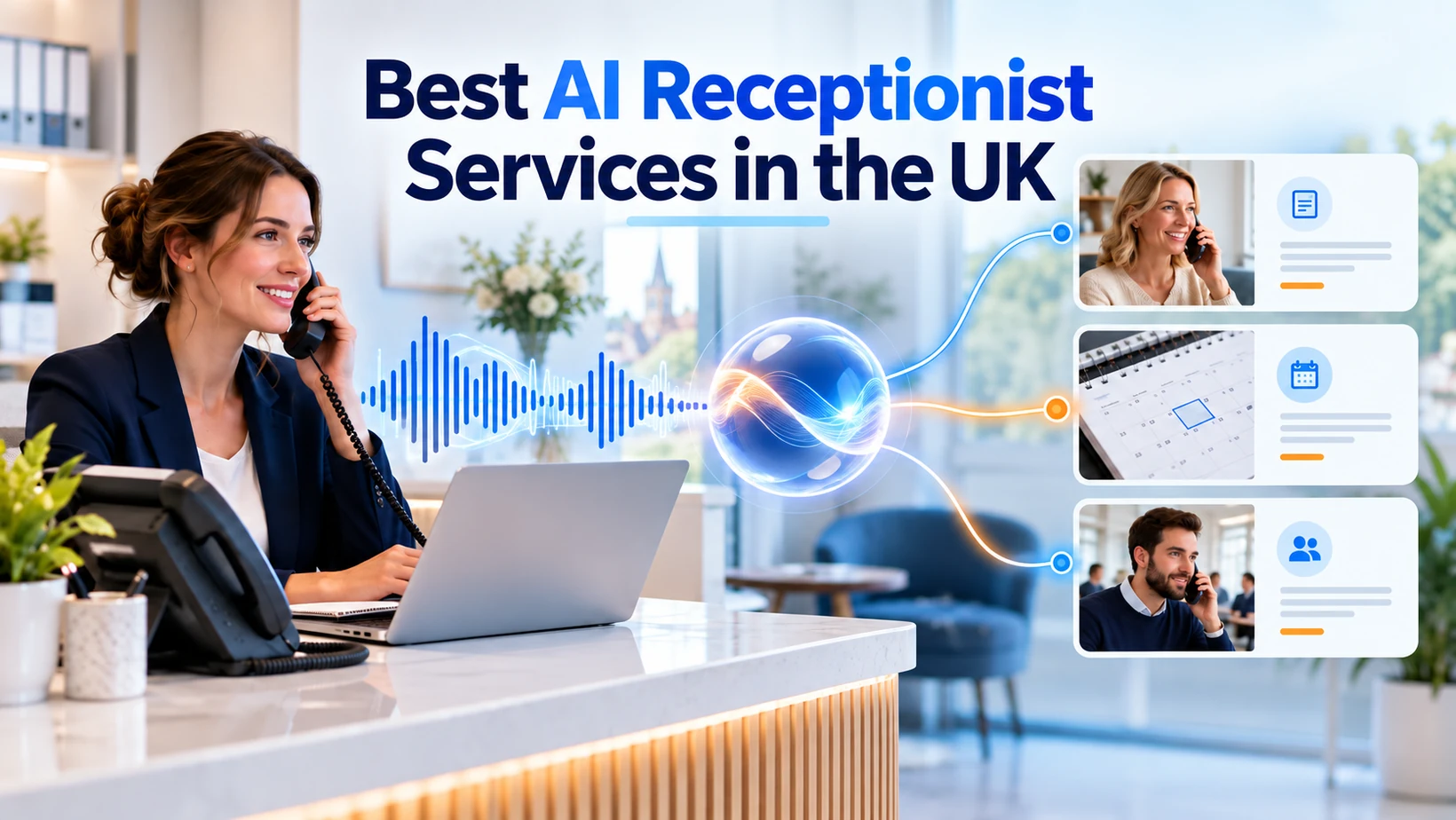 Illustrated overview of AI receptionist services available to UK businesses