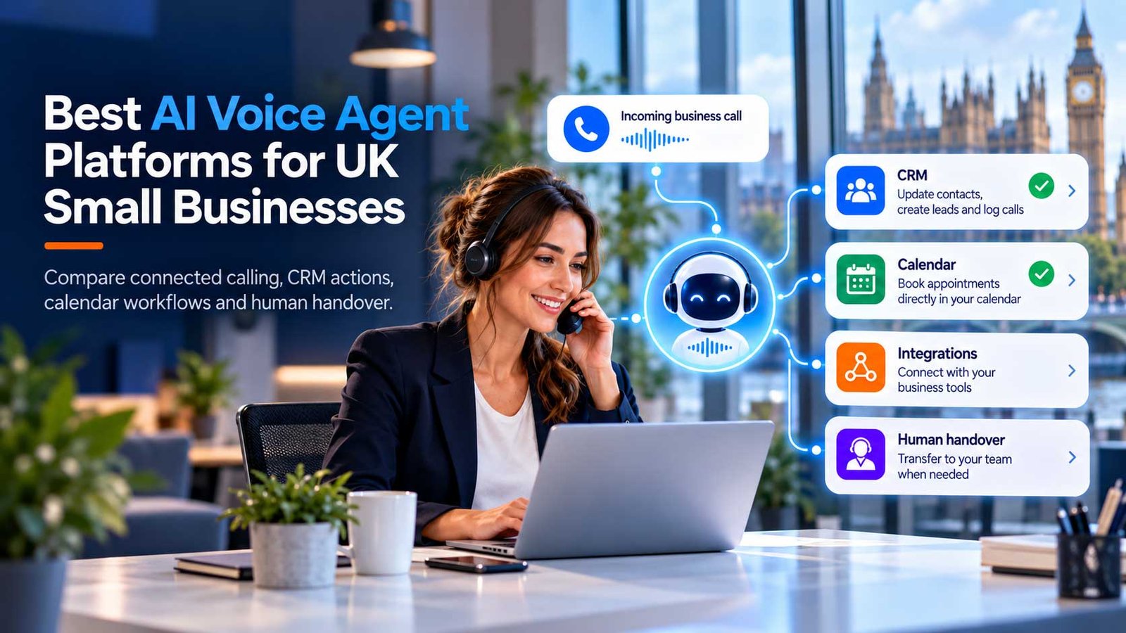 Configurable AI voice agent connecting a UK business phone call to CRM, calendar and human handover workflows.