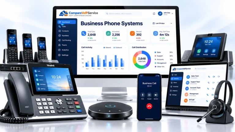 CompareVoIPService UK business phone systems showing an enterprise desk phone, cordless handset, tablet and smartphone connected to a central AI-powered communications dashboard.
