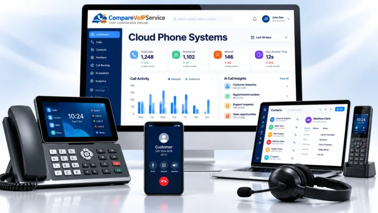 Cloud phone systems UK by CompareVoIPService showing an enterprise desk phone, cordless handset, tablet and smartphone connected to a central AI-powered cloud phone system dashboard.