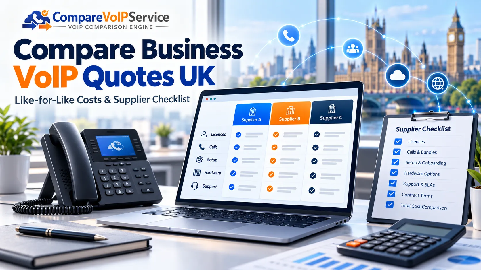 Business VoIP quote comparison illustration with Supplier A, B and C columns, cost categories and a business telephone.