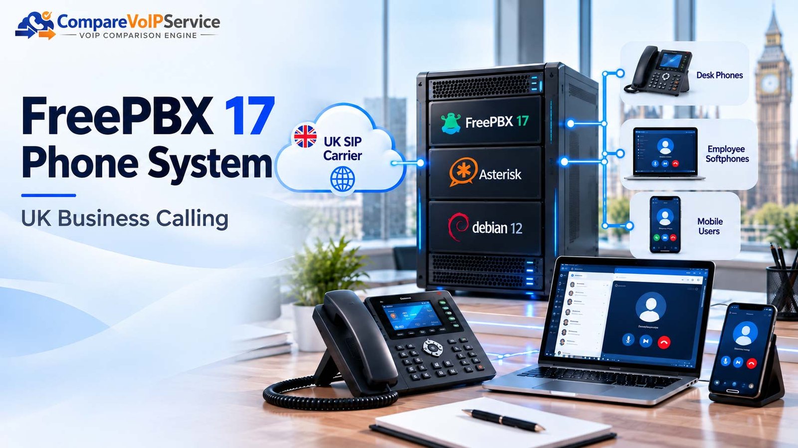 Conceptual FreePBX 17 UK business phone system connecting a server, SIP carrier and staff calling endpoints