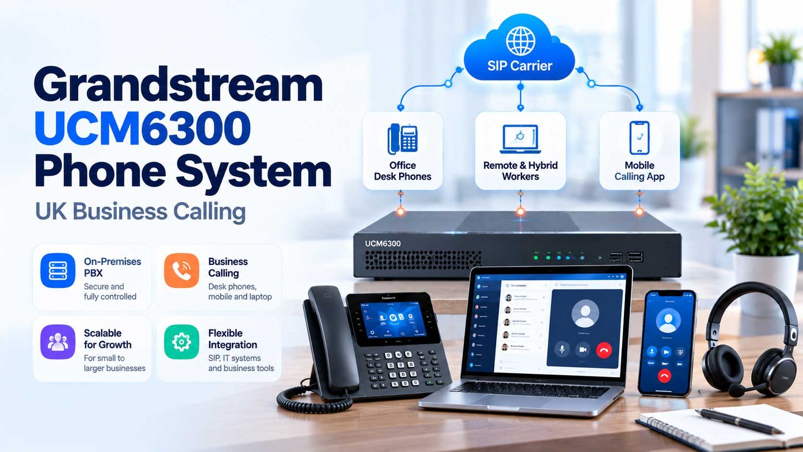 Grandstream UCM6300 business phone system with office telephony and connected user devices