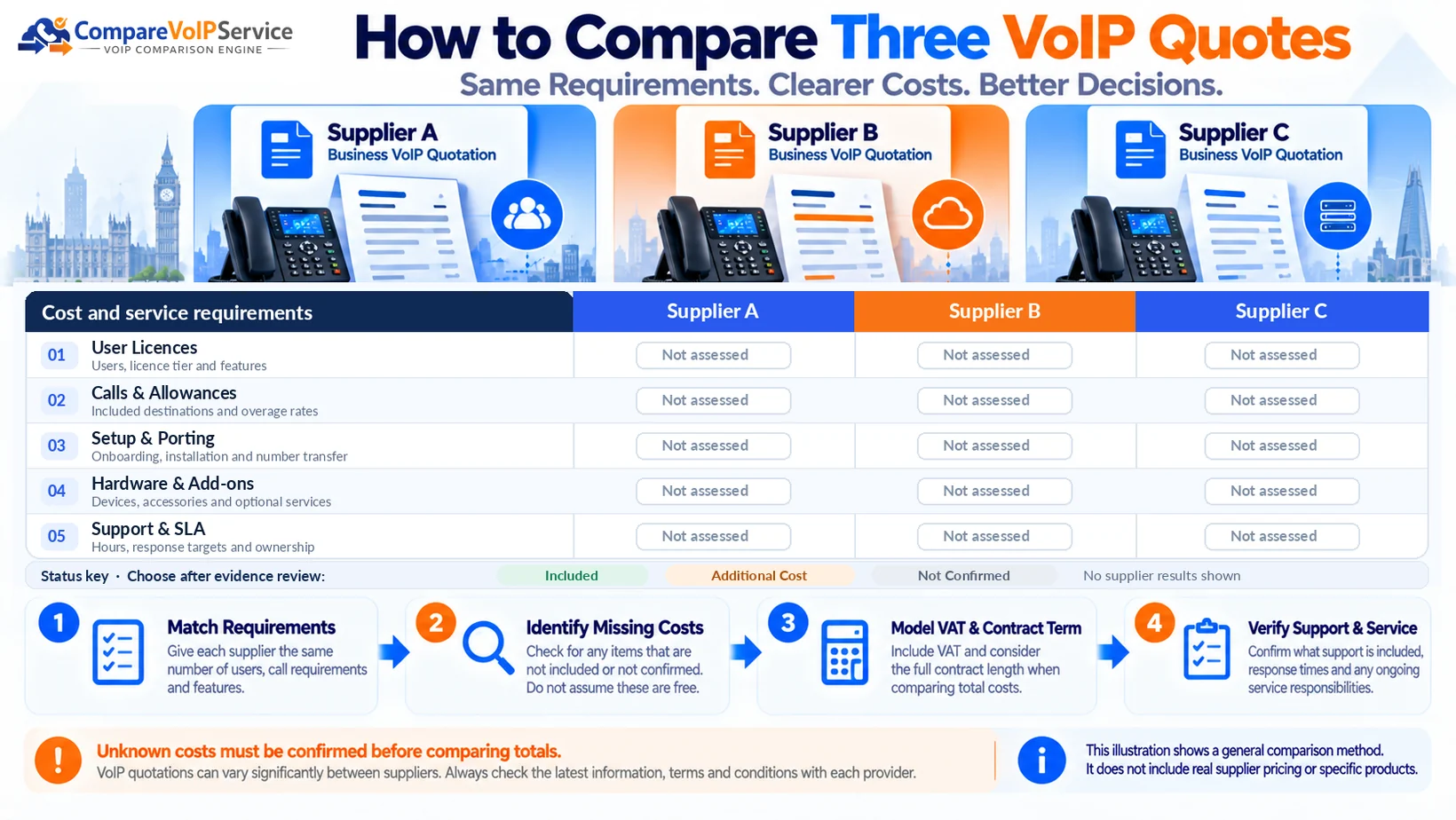 Three-supplier VoIP quote comparison worksheet showing matched requirements, user licences, calls, setup, hardware and support cost checks.