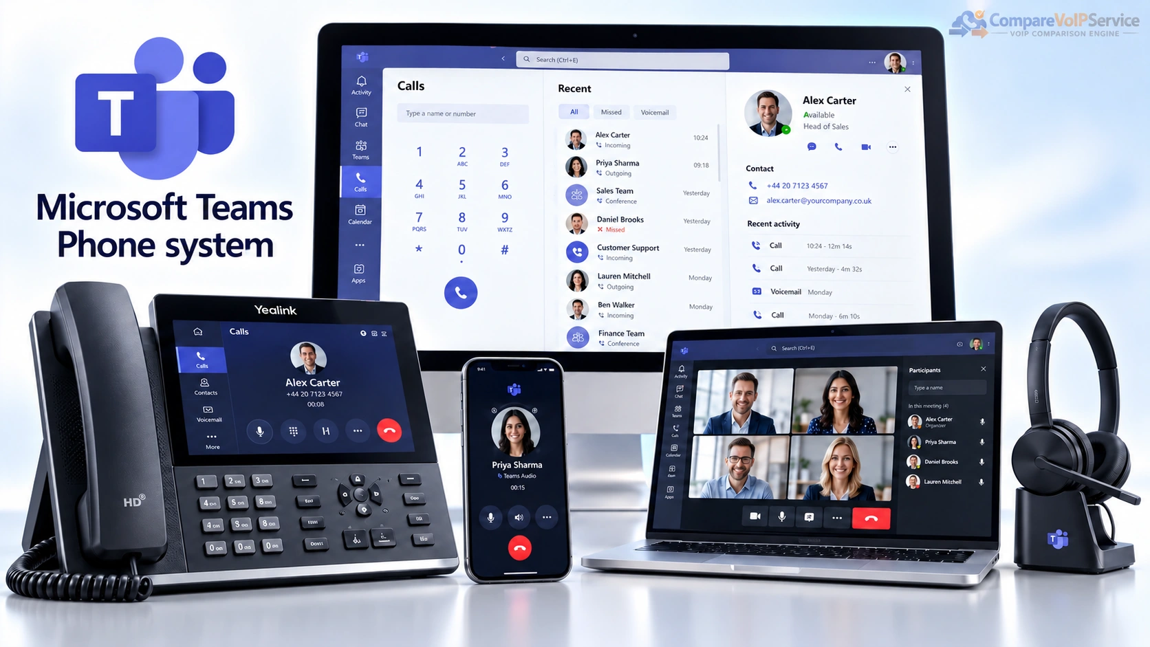 Illustration of a Microsoft Teams business calling system using connected office and mobile devices
