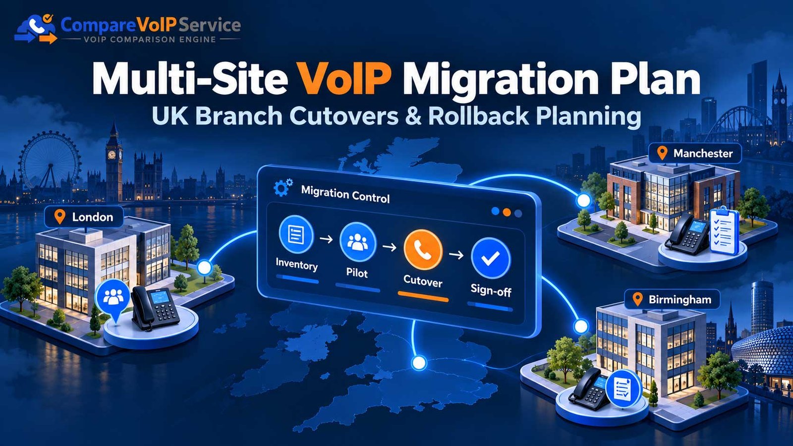 Illustrated multi-site VoIP migration programme linking three UK business branches through planning, pilot cutover and sign-off.