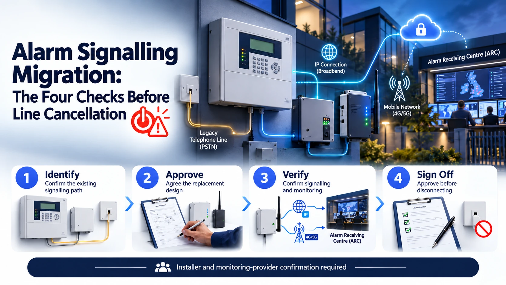 Four alarm migration checks: identify the legacy connection, approve the replacement, verify monitoring and sign off before line cancellation
