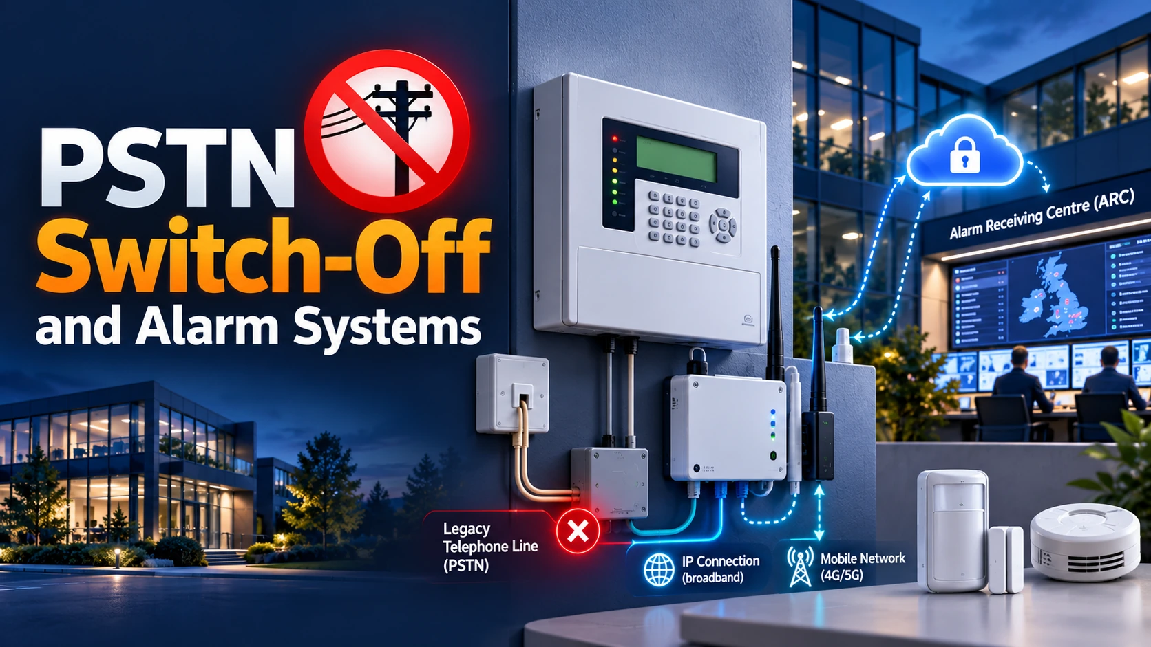 Illustration of a UK business alarm system with a legacy telephone connection and replacement digital signalling