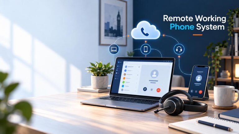 Home-office business phone setup with laptop softphone, headset and mobile business calling app