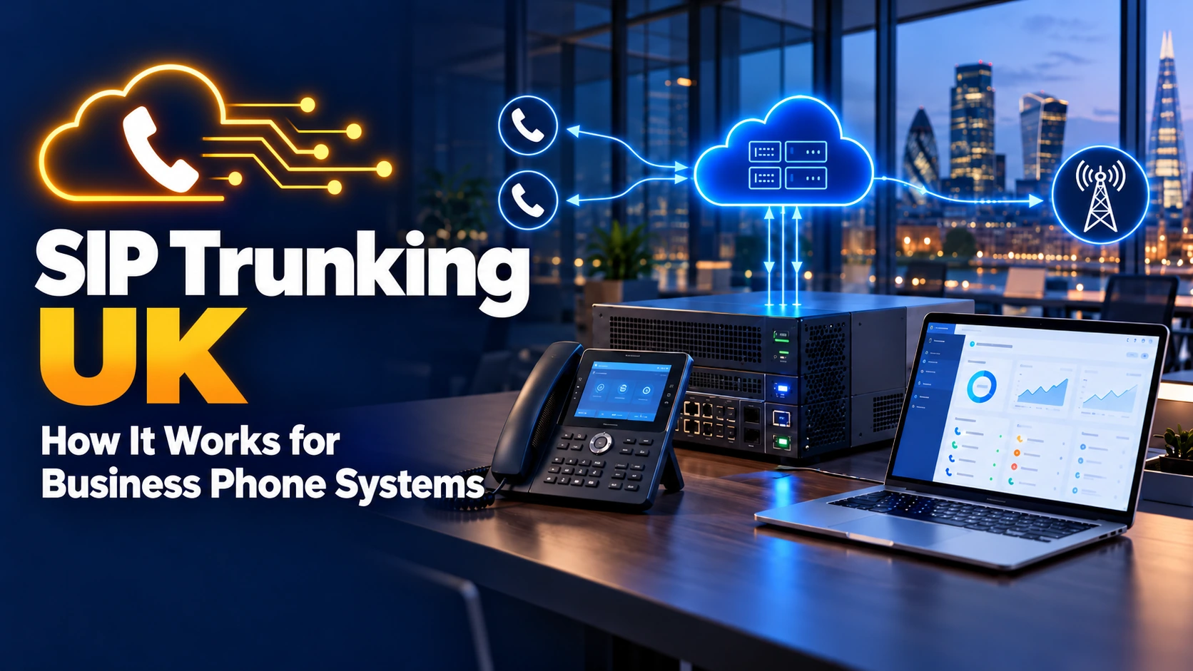 Illustration of a business PBX connected to a SIP carrier and external telephone services