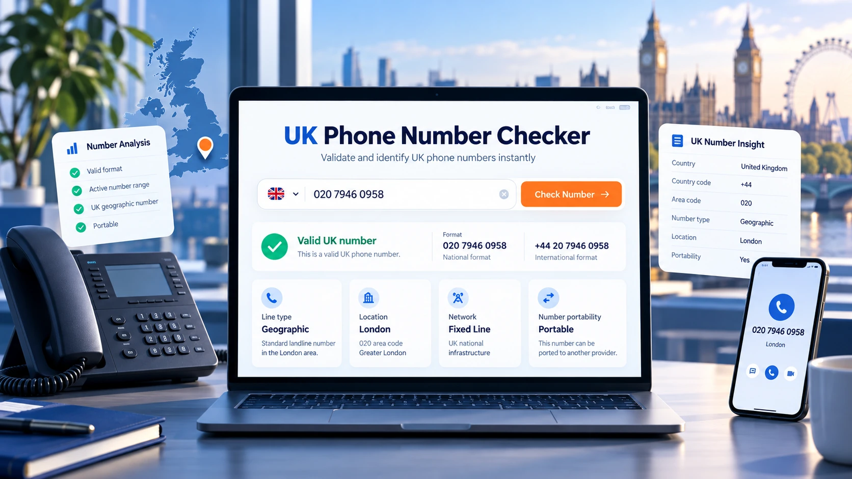 UK Phone Number Checker UK phone number checker illustration showing telephone number verification
