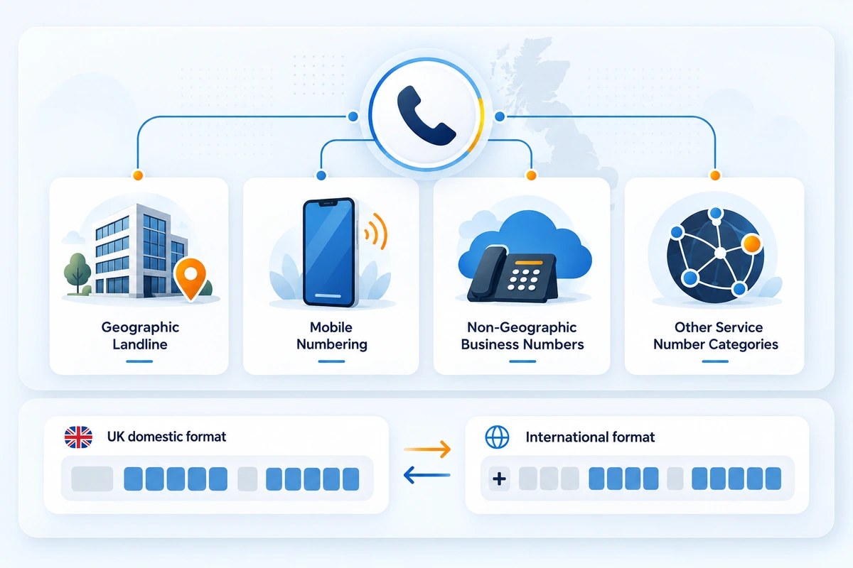 Illustration of geographic, mobile and non-geographic UK telephone number categories