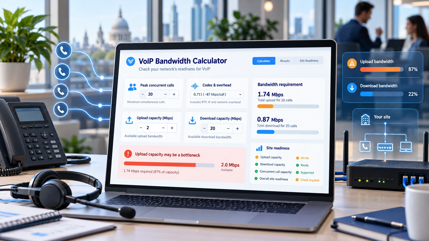 VoIP Bandwidth Calculator for UK businesses assessing simultaneous calls, codec overhead and upload and download headroom.