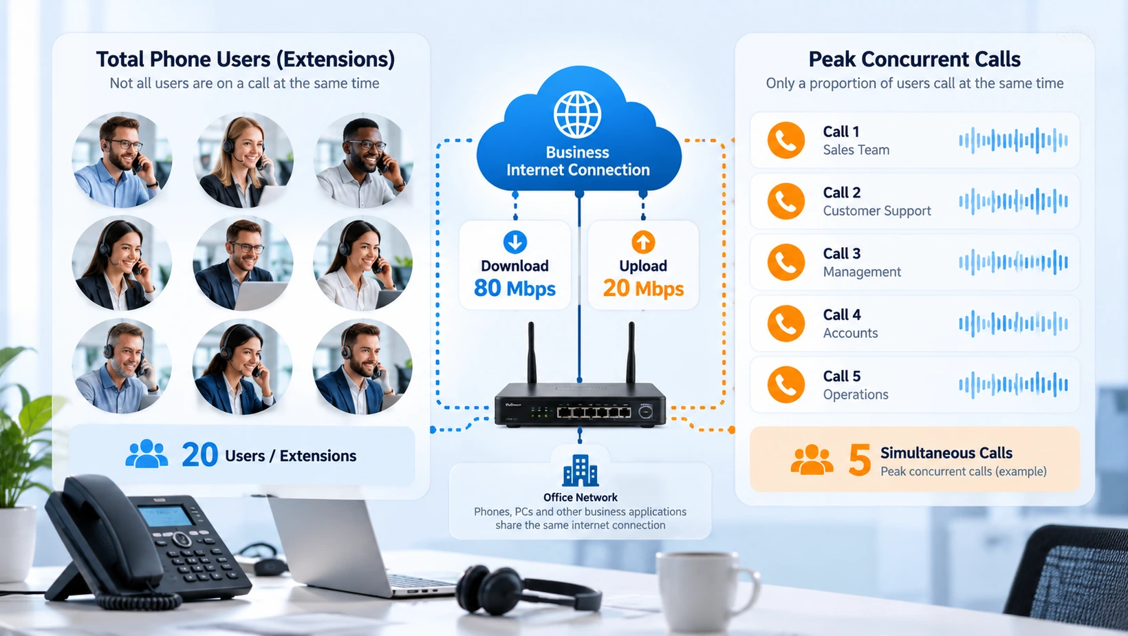Comparison of simultaneous VoIP calls and total business phone users for network capacity planning