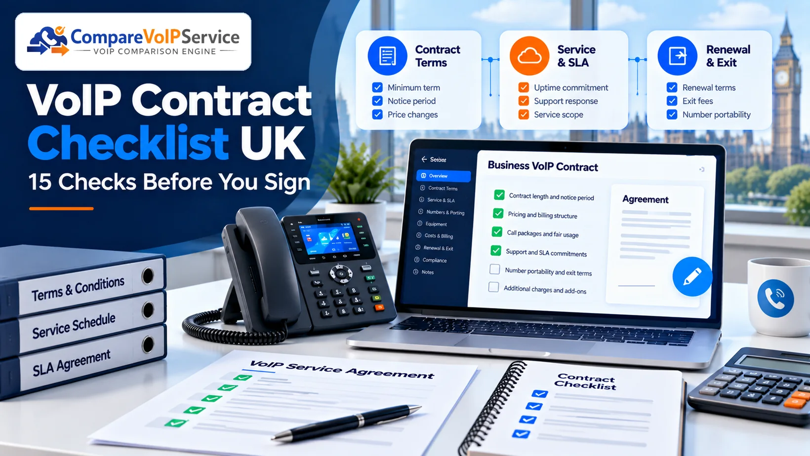 UK business VoIP contract review illustration with a telephone agreement, desk phone and checks for terms, support and renewals.