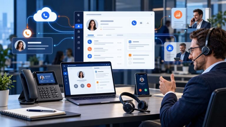 VoIP CRM integration connecting business calls with customer records, call logging, notes and follow-up workflows.