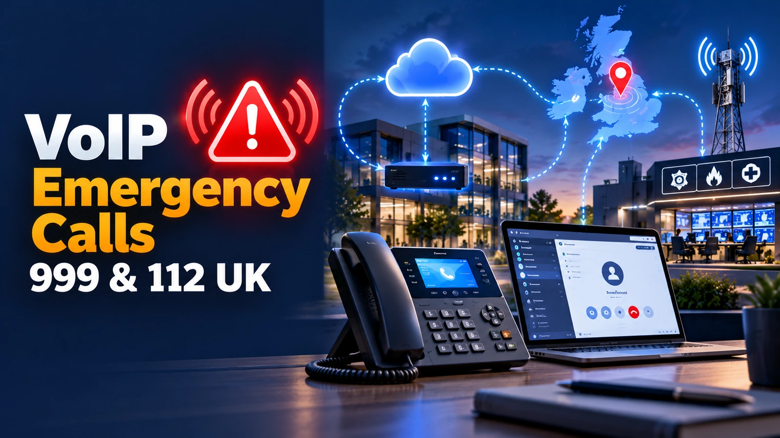 Illustration of a business VoIP phone system, network connectivity and a UK emergency caller-location marker