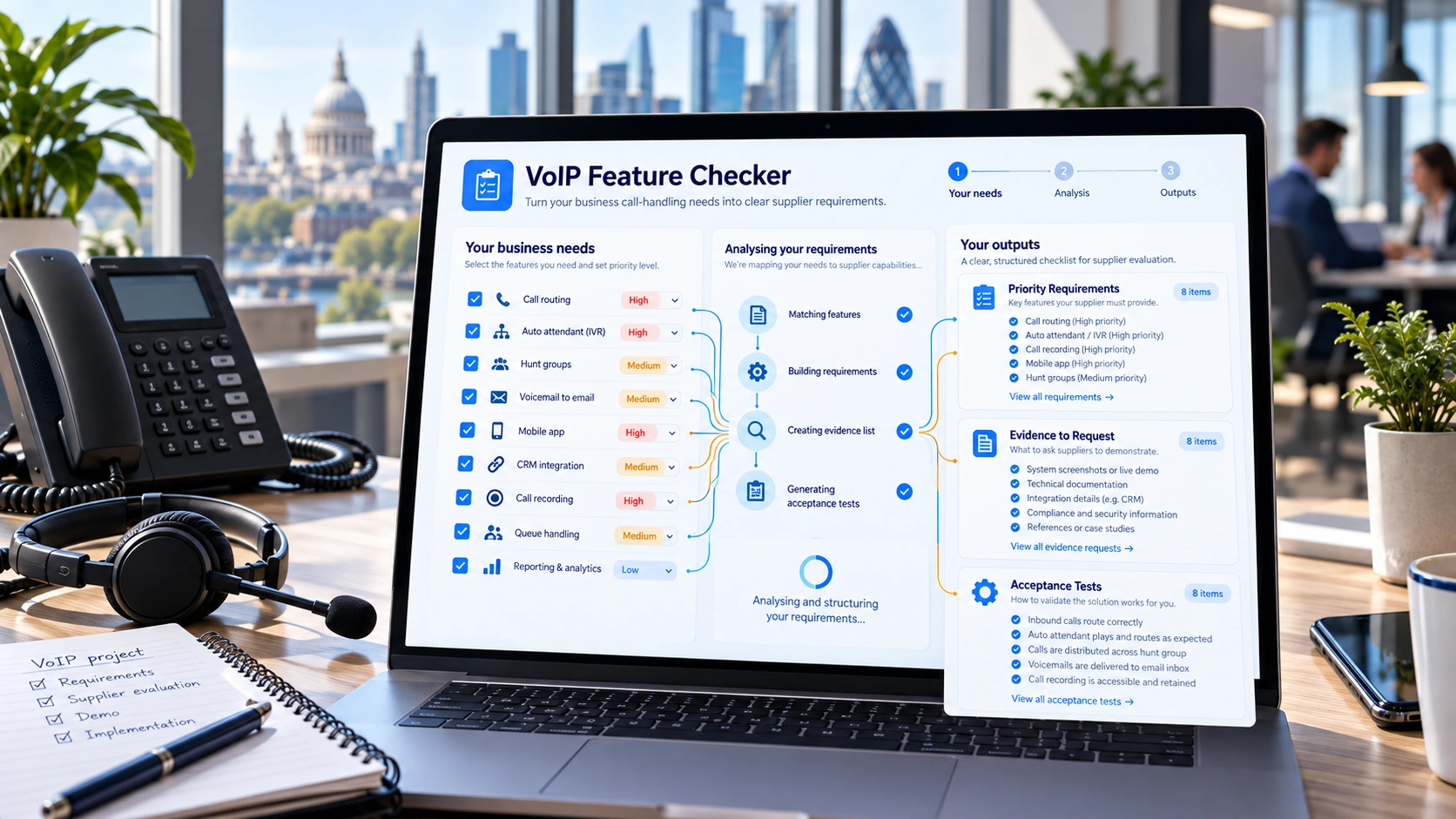 VoIP feature checker illustration showing business phone system requirements