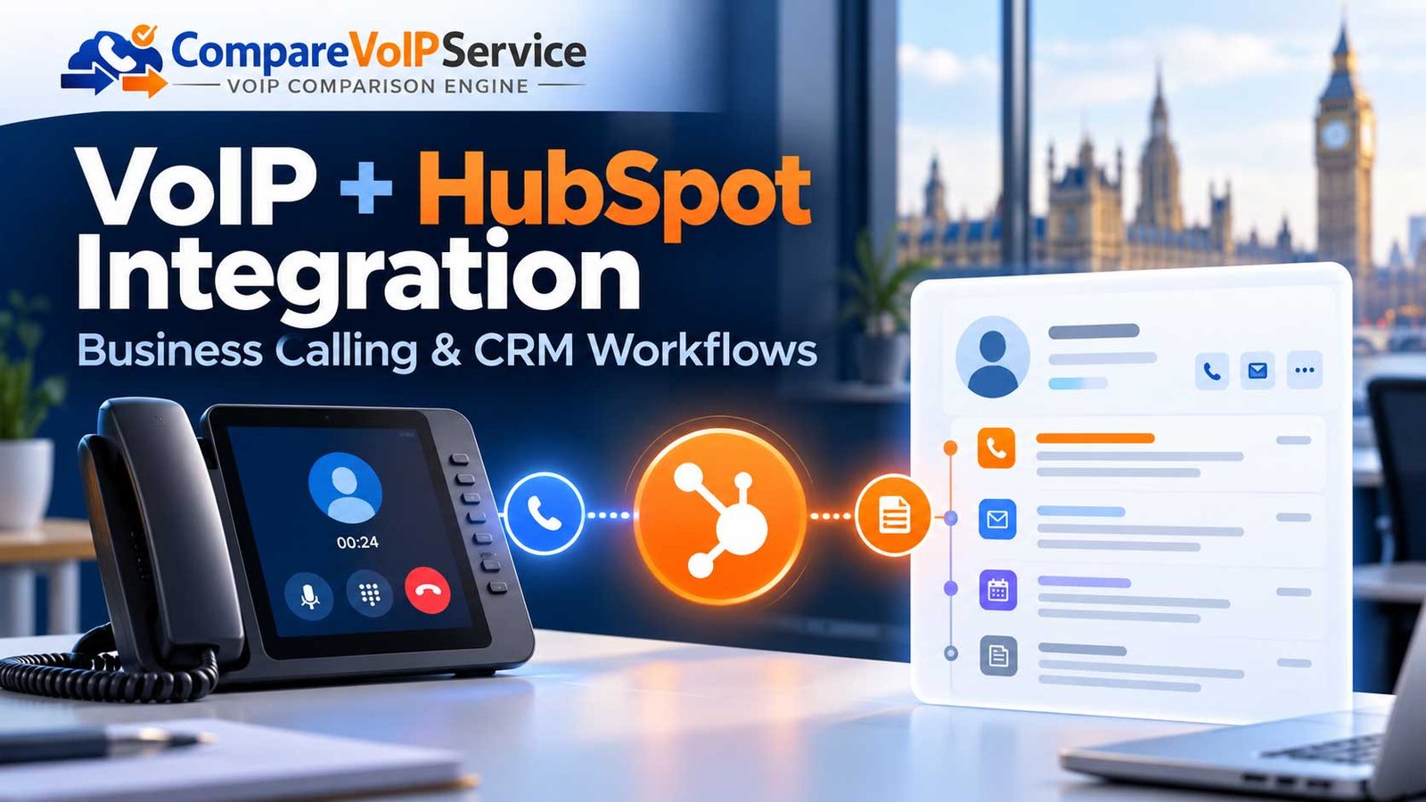 Conceptual illustration of UK business calling connected to HubSpot CRM contact records and call activities