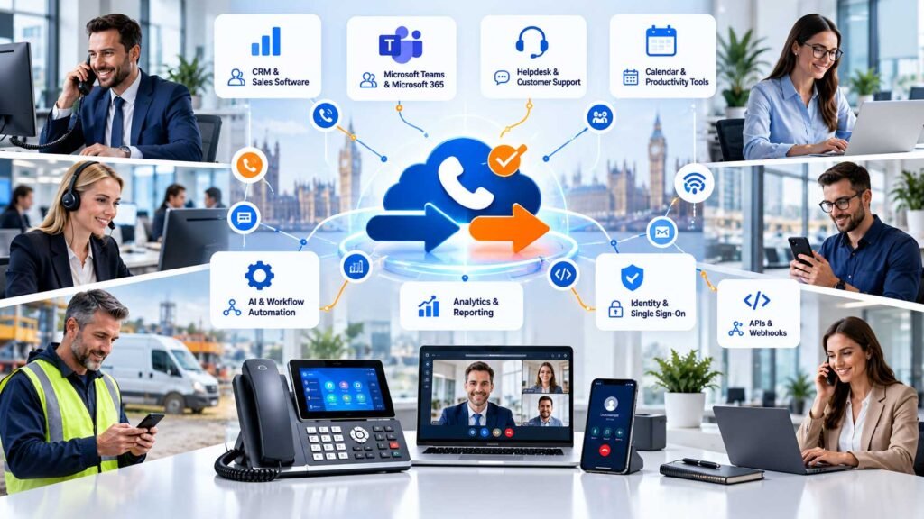 VoIP integrations connecting a UK business phone system with CRM, Microsoft Teams, helpdesk, analytics and business applications.