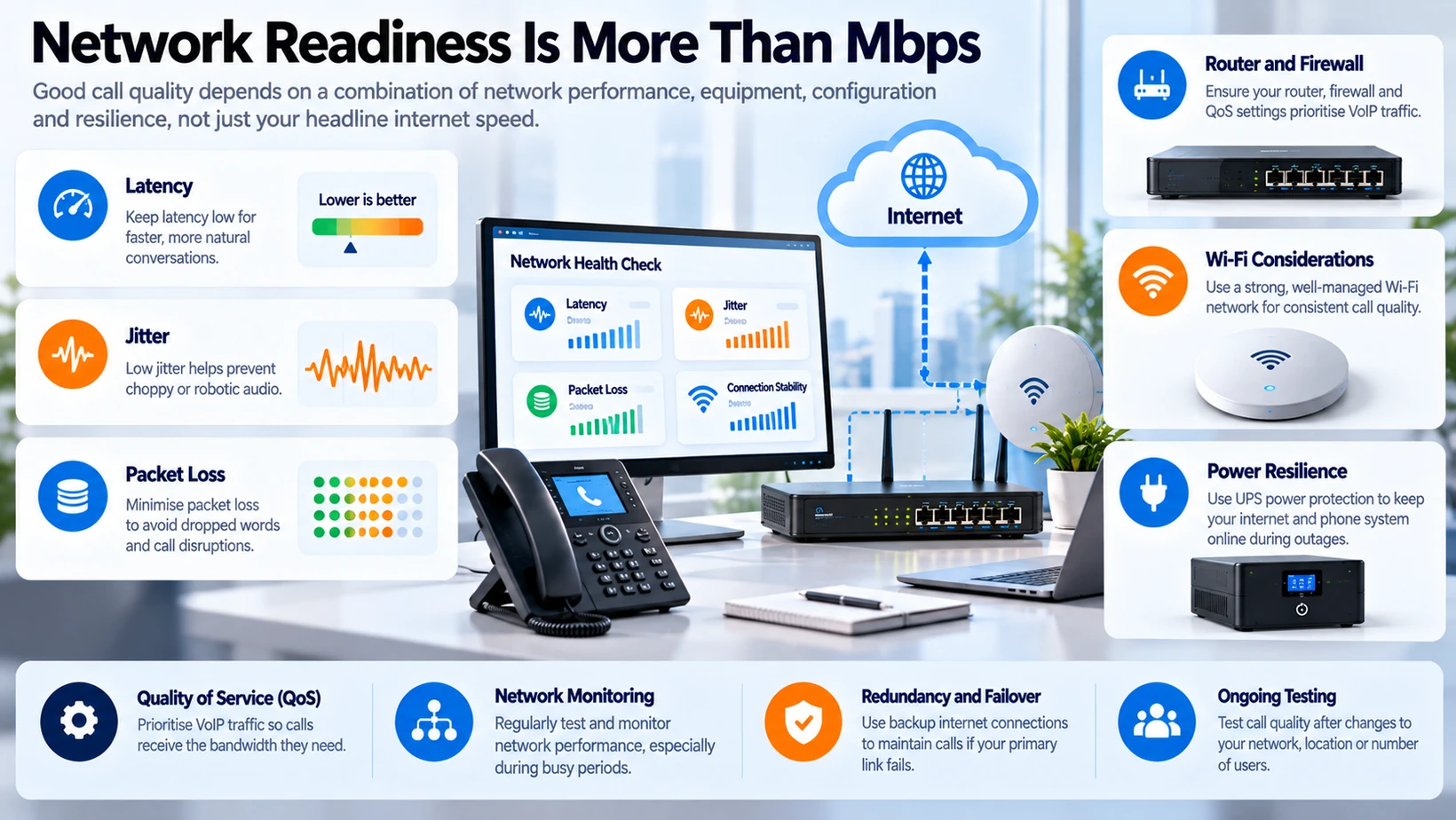 VoIP network-quality readiness checks covering latency, jitter, packet loss and connection reliability