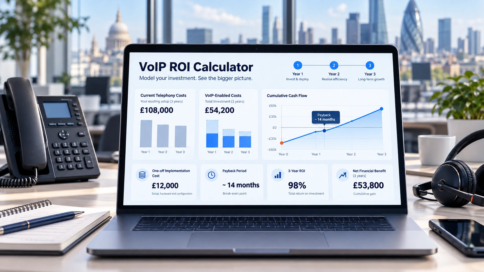 VoIP ROI Calculator for UK businesses modelling 36-month costs, investment return and payback.