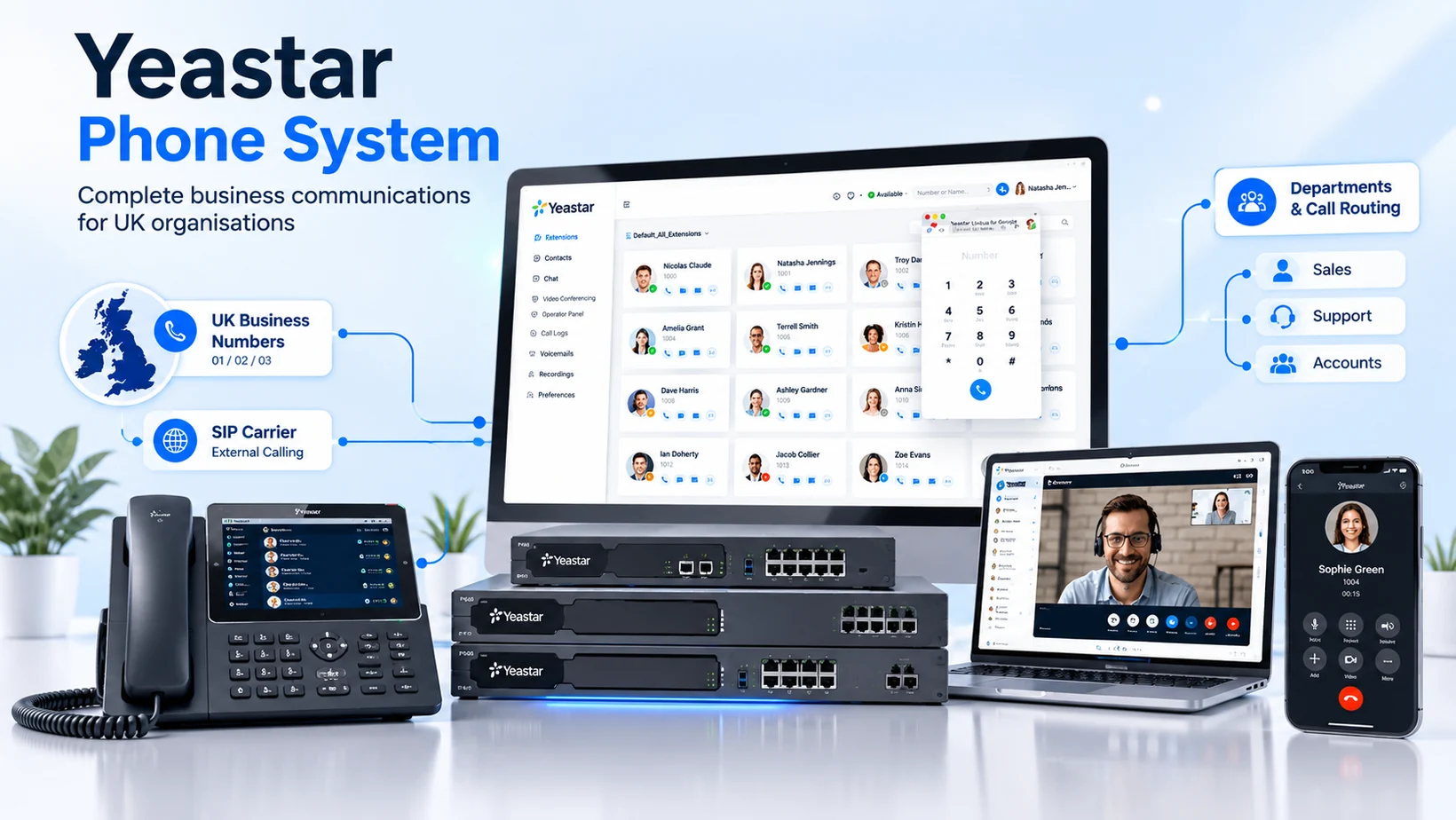 Illustration of a Yeastar business phone system with communications devices and dashboard